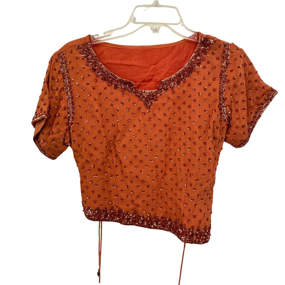 Vintage Choli Crop Top Burnt Orange Rust Sequin Beaded Boho Festival Y2K Sari S